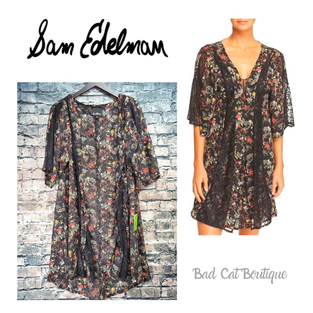 Sam Edelman | Black Floral Chiffon Robe With Lace